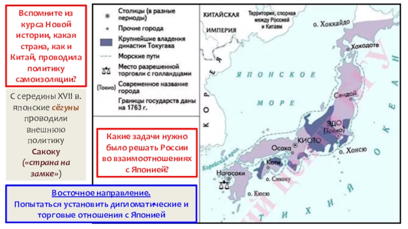 Презентация по истории Внешняя политика России в 1725 – 1762 гг. (8 класс) С середины XVII в. японские сёгуны проводили внешнюю политику Сакоку («страна С середины XVII в. японские сёгуны проводили внешнюю политику Сакоку («страна на замке») Вспомните из курса