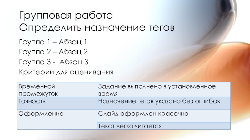 Открытый урок по информатике, 10 класс. Способы разработки веб-сайтов. HTML Групповая работа Определить назначение теговГруппа 1 – Абзац 1Группа 2 – Групповая работа Определить назначение теговГруппа 1 – Абзац 1Группа 2 – Абзац 2Группа 3 - Абзац 3Критерии