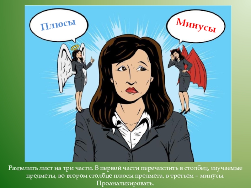 Игры. Активизирующие методы в профориентационной работе ПлюсыМинусыРазделить лист на три части. В первой части перечислить в столбец, ПлюсыМинусыРазделить лист на три части. В первой части перечислить в столбец, изучаемые предметы, во втором столбце плюсы