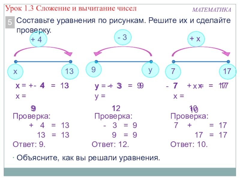 Презентация по математике по теме Вычислительные навыки 12х + 4 = 13МАТЕМАТИКАСоставьте уравнения по рисункам. Решите их и 12х + 4 = 13МАТЕМАТИКАСоставьте уравнения по рисункам. Решите их и сделайте проверку.5 Объясните,