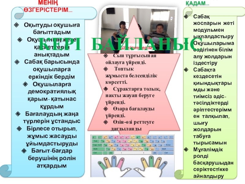 Оқутудағы жаңа өзгерістер туралы МЕНІҢ ӨЗГЕРІСТЕРІМ...Оқытуды оқушыға бағыттадымОқушының жеке қасиеттерін анықтадымСабақ барысында оқушыларға еркіндік бердімОқушыларға МЕНІҢ ӨЗГЕРІСТЕРІМ...Оқытуды оқушыға бағыттадымОқушының жеке қасиеттерін анықтадымСабақ барысында оқушыларға еркіндік бердімОқушыларға демократиялық қарым- қатынас құрдымБағалаудың жаңа түрлерін