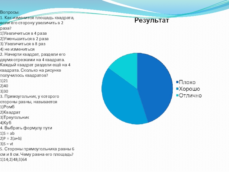 Презентация к проекту Формирование геометрических навыков у младших школьников Вопросы: 1. Как изменится площадь квадрата, если его сторону увеличить в Вопросы: 1. Как изменится площадь квадрата, если его сторону увеличить в 2 раза? 1)Увеличиться в 4 раза