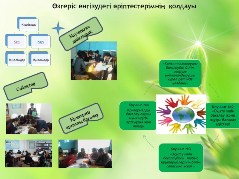 Бүкіл мектеп шеңберіндегі іс-әрекеттегі зерттеу жобасы Өзгеріс енгізудегі әріптестерімнің қолдауыКоучингке дайындық СабақтарКритерий арқылы бағалау Өзгеріс енгізудегі әріптестерімнің қолдауыКоучингке дайындық СабақтарКритерий арқылы бағалау