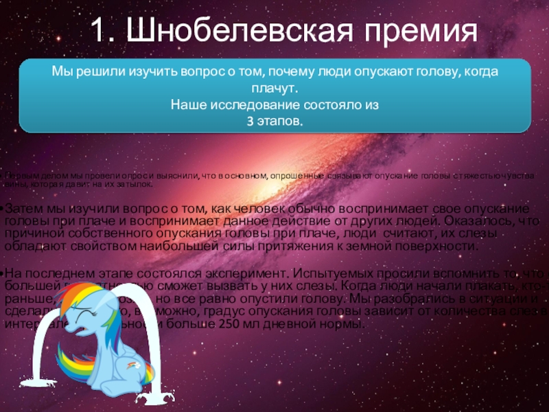 СОЗВЕЗДИЕ СОЗНАНИЕ 1. Шнобелевская премияМы решили изучить вопрос о том, почему люди опускают 1. Шнобелевская премияМы решили изучить вопрос о том, почему люди опускают голову, когда плачут.Наше исследование состояло из