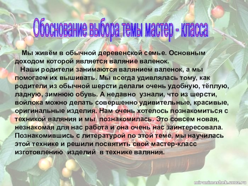Презентация мастер-класса по технологии на тему Фрукты.Валяние (6 класс) Обоснование выбора темы мастер - класса Мы живём в обычной Обоснование выбора темы мастер - класса Мы живём в обычной деревенской семье. Основным доходом которой