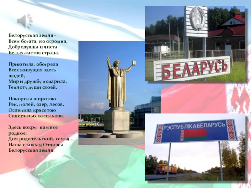 Белорусская земля -Всем богата, но скромна,Добродушна и чистаБелых аистов страна. Приютила, обогрелаВсех живущих здесь людей,Мир и дружбу подарила,Теплоту
