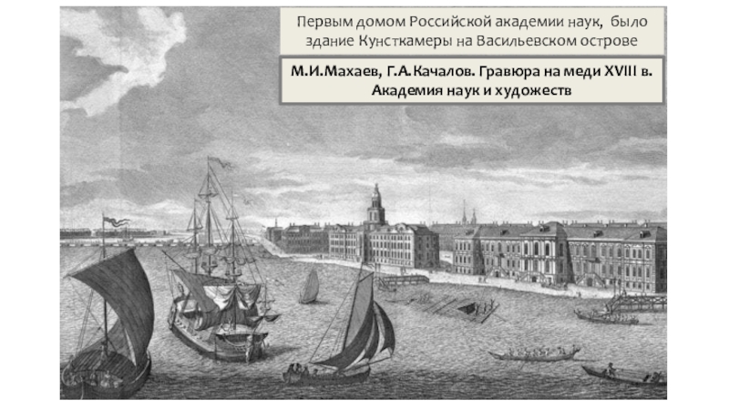 Презентация по истории на тему Российская наука и техника в 18 в. М.И.Махаев, Г.А.Качалов. Гравюра на меди XVIII в. Академия наук и художеств М.И.Махаев, Г.А.Качалов. Гравюра на меди XVIII в. Академия наук и художеств Первым домом Российской академии наук, было