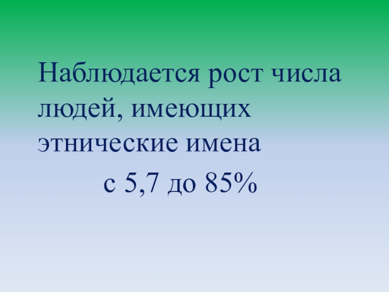 Презентация Существует ли мода на имена? Наблюдается рост числа людей, имеющих этнические имена с 5,7 до 85% Наблюдается рост числа людей, имеющих этнические имена с 5,7 до