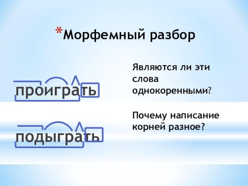 Презентация по русскому языку на тему Буквы Ы и И после приставок на согласный Морфемный разборпроигратьподыгратьЯвляются ли эти слова однокоренными?Почему написание корней разное? Морфемный разборпроигратьподыгратьЯвляются ли эти слова однокоренными?Почему написание корней разное?