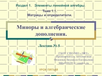 Презентация по дисциплине Элементы высшей математики на тему: Миноры и алгебраические дополнения - урок 5-ый. Рекомендовано для выпускников среднего профессионального образования.