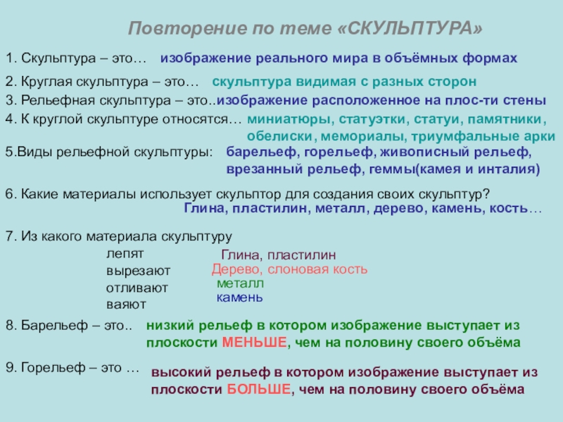 Презентация на тему Повторение по теме «СКУЛЬПТУРА»1. Скульптура – это…изображение реального Повторение по теме «СКУЛЬПТУРА»1. Скульптура – это…изображение реального мира в объёмных формах2. Круглая скульптура – это…скульптура видимая