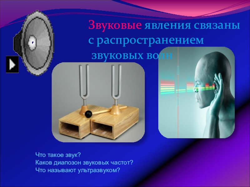 Урок обобщения и систематизации знаний по теме: Физика – наука о природе Звуковые явления связаны с распространением звуковых волнЧто такое звук?Каков диапозон звуковых частот?Что называют ультразвуком? Звуковые явления связаны с распространением звуковых волнЧто такое звук?Каков диапозон звуковых частот?Что называют ультразвуком?