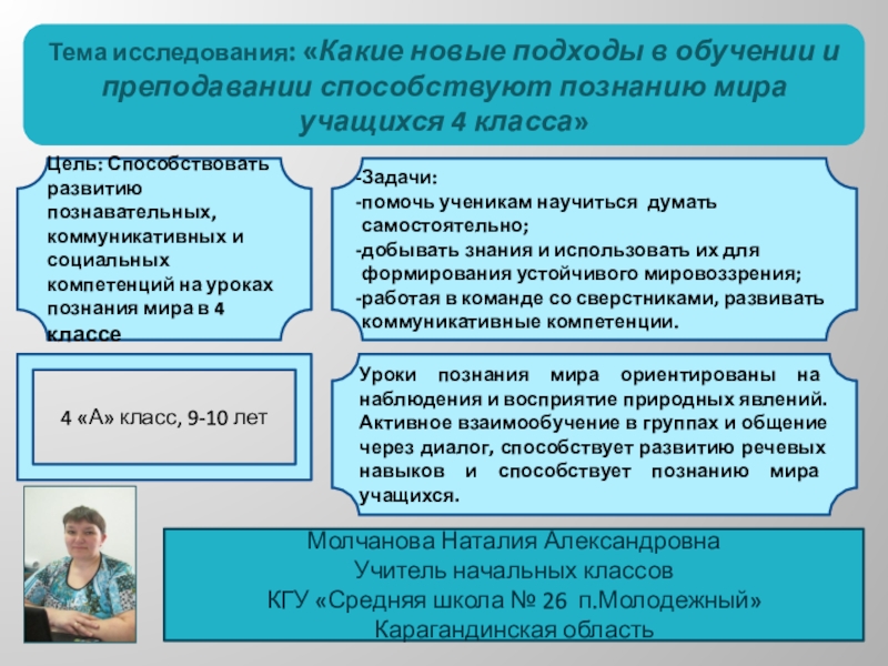 Презентация на тему Молчанова Наталия АлександровнаУчитель начальных классов КГУ «Средняя школа Молчанова Наталия АлександровнаУчитель начальных классов КГУ «Средняя школа № 26 п.Молодежный»Карагандинская областьТема исследования: «Какие новые подходы в