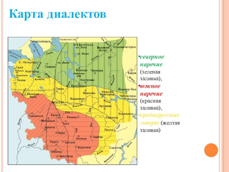 Проект по литературе Диалектные слова в рассказе И.С.Тургенева Бежин луг Карта диалектовсеверное наречие (зеленая заливка),южное наречие (красная заливка),среднерусские говоры (желтая заливка) Карта диалектовсеверное наречие (зеленая заливка),южное наречие (красная заливка),среднерусские говоры (желтая заливка)