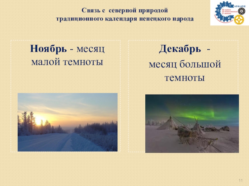 Экологический календарь ненецкого народа Связь с северной природой традиционного календаря ненецкого народа Ноябрь - месяц Связь с северной природой традиционного календаря ненецкого народа Ноябрь - месяц малой темноты Декабрь - месяц