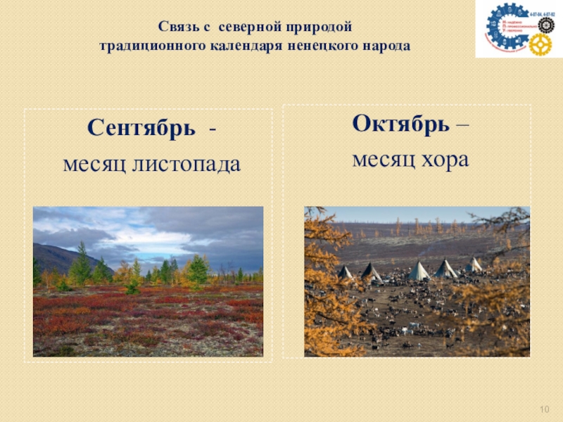 Экологический календарь ненецкого народа Связь с северной природой традиционного календаря ненецкого народа Сентябрь - месяц листопадаОктябрь – месяц хора Связь с северной природой традиционного календаря ненецкого народа Сентябрь - месяц листопадаОктябрь – месяц хора