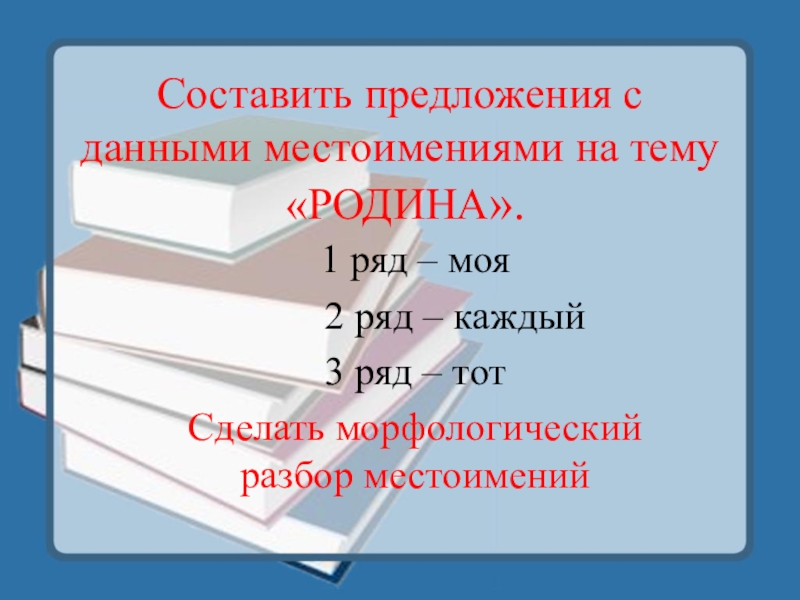 Обобщение и закрепление знаний по темеМестоимение. Урок в 6 классе Составить предложения с данными местоимениями на тему «РОДИНА». 1 ряд – Составить предложения с данными местоимениями на тему «РОДИНА». 1 ряд – моя 2