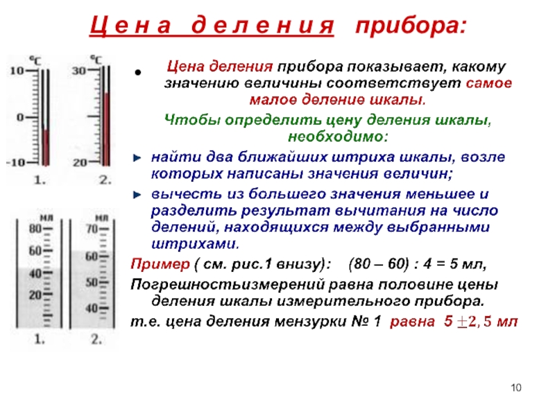 Презентация по физике 7 класс Измерительные приборы Ц е н а д е л е н и я прибора: Ц е н а д е л е н и я прибора: