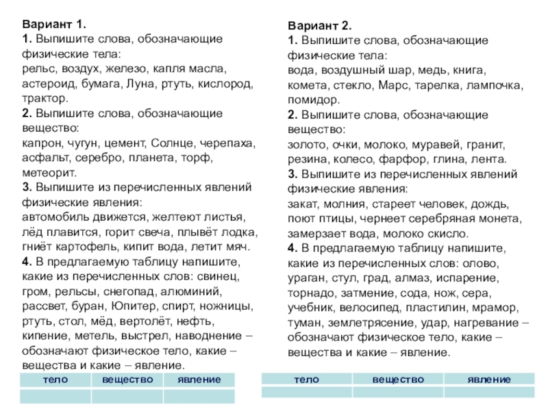 Презентация на тему Вариант 1.1. Выпишите слова, обозначающие физические тела:рельс, воздух, Вариант 1.1. Выпишите слова, обозначающие физические тела:рельс, воздух, железо, капля масла, астероид, бумага, Луна, ртуть, кислород, трактор.2.