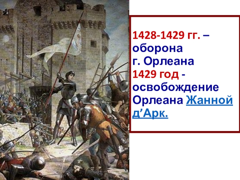 Презентация по истории на тему Столетняя война 1428-1429 гг. – оборона г. Орлеана 1429 год - освобождение Орлеана Жанной д’Арк. 1428-1429 гг. – оборона г. Орлеана 1429 год - освобождение Орлеана Жанной д’Арк.