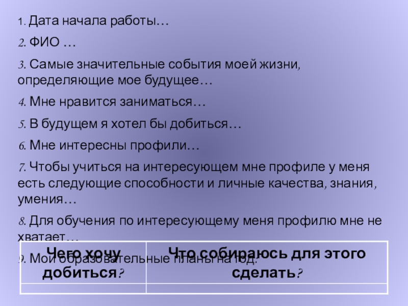 Модель портфолио ученика по математике 1. Дата начала работы…2. ФИО …3. Самые значительные события моей жизни, 1. Дата начала работы…2. ФИО …3. Самые значительные события моей жизни, определяющие мое будущее…4. Мне нравится заниматься…5.