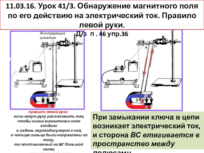 Презентация по теме Обнаружение магнитного поля по его действию на электрический ток. Правило левой руки для учащихся 9 класса 11.03.16. Урок 41/3. Обнаружение магнитного поля по его действию на электрический 11.03.16. Урок 41/3. Обнаружение магнитного поля по его действию на электрический ток. Правило левой руки. Д/з п