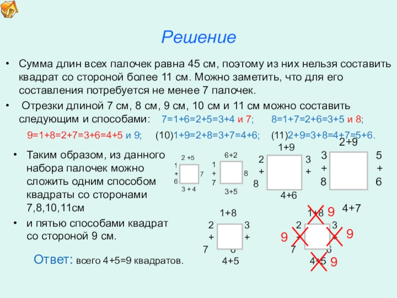Презентация по математике для освоения основ геометрии. РешениеСумма длин всех палочек равна 45 см, поэтому из них нельзя РешениеСумма длин всех палочек равна 45 см, поэтому из них нельзя составить квадрат со стороной более 11
