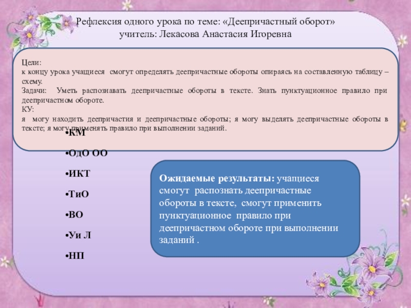 Презентация на тему Рефлексия одного урока по теме: «Деепричастный оборот» учитель: Рефлексия одного урока по теме: «Деепричастный оборот» учитель: Лекасова Анастасия ИгоревнаЦели:к концу урока учащиеся смогут определять деепричастные