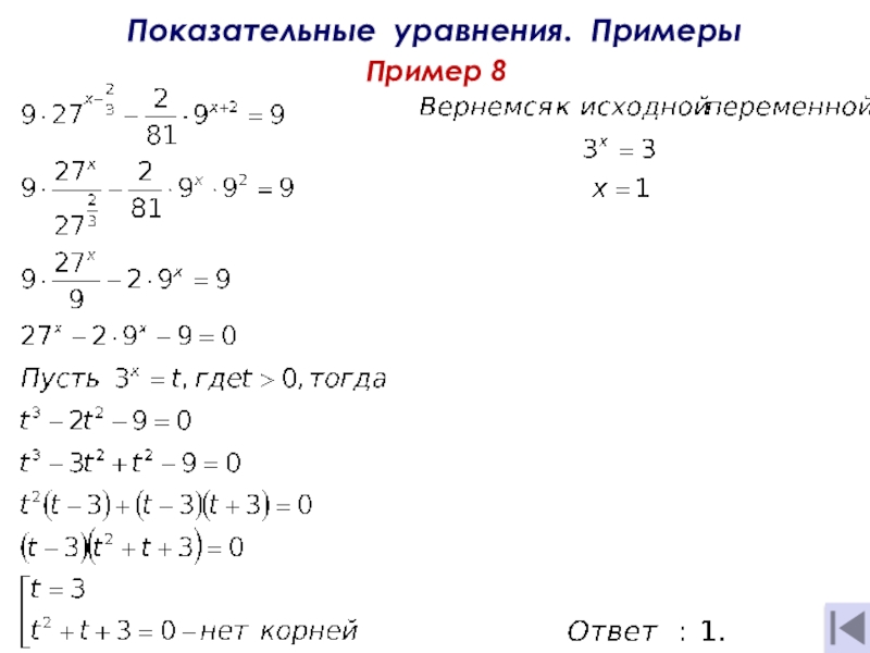 Презентация тему Показательные уравнения и неравенства Показательные уравнения. Примеры Пример 8 Показательные уравнения. Примеры Пример 8