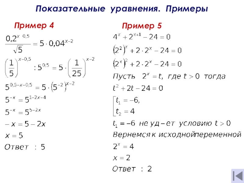 Презентация тему Показательные уравнения и неравенства Показательные уравнения. Примеры Пример 4Пример 5 Показательные уравнения. Примеры Пример 4Пример 5