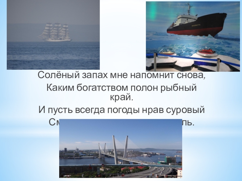 Презентация посвященная 80-ию Приморского края Солёный запах мне напомнит снова,Каким богатством полон рыбный край.И пусть всегда Солёный запах мне напомнит снова,Каким богатством полон рыбный край.И пусть всегда погоды нрав суровыйСмягчает солнца южного вуаль.
