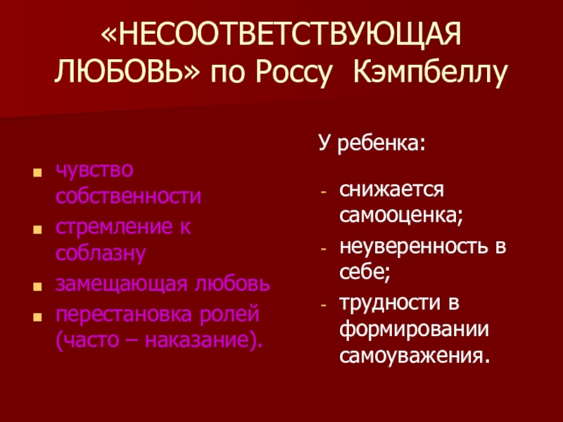 Презентация по психологии Методы семейной терапии в зависимости от типа семьи «НЕСООТВЕТСТВУЮЩАЯ ЛЮБОВЬ» по Россу Кэмпбеллучувство собственностистремление к соблазнузамещающая любовьперестановка ролей (часто «НЕСООТВЕТСТВУЮЩАЯ ЛЮБОВЬ» по Россу Кэмпбеллучувство собственностистремление к соблазнузамещающая любовьперестановка ролей (часто – наказание).У ребенка:снижается самооценка;неуверенность в себе;трудности