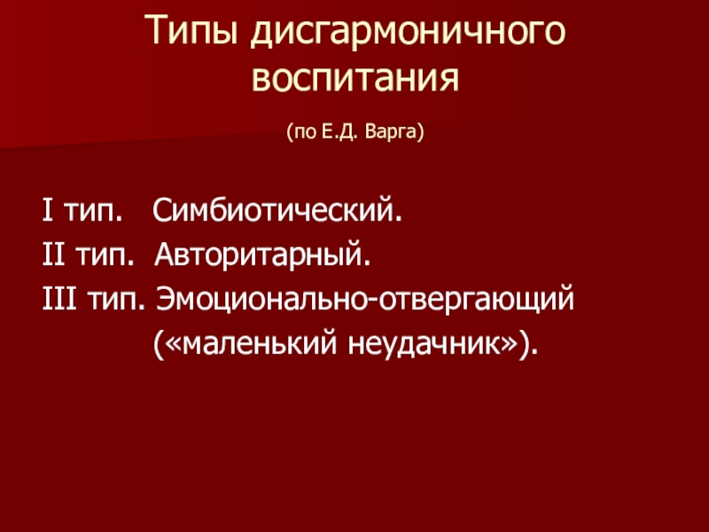 Презентация по психологии Методы семейной терапии в зависимости от типа семьи Типы дисгармоничного воспитания (по Е.Д. Варга) I тип. Симбиотический.II тип. Авторитарный.III тип. Эмоционально-отвергающий («маленький неудачник»). Типы дисгармоничного воспитания (по Е.Д. Варга) I тип. Симбиотический.II тип. Авторитарный.III тип. Эмоционально-отвергающий («маленький