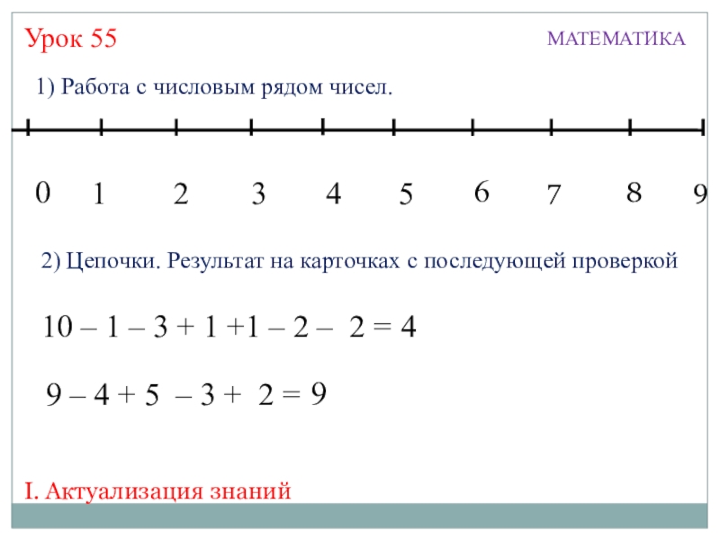 Презентация по математике на тему Числа 0-10 (1 класс) Урок 55МАТЕМАТИКА13245768901) Работа с числовым рядом чисел.10 – 1 – 3 Урок 55МАТЕМАТИКА13245768901) Работа с числовым рядом чисел.10 – 1 – 3 + 1 +1 – 2 –