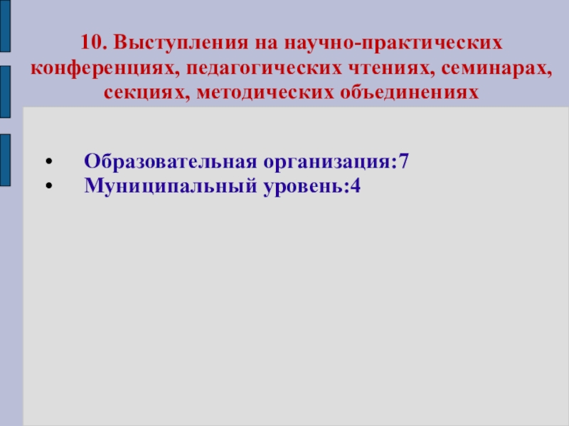 Презентация портфолио Волковой В.Н. 10. Выступления на научно-практических конференциях, педагогических чтениях, семинарах, секциях, методических объединениях Образовательная организация:7Муниципальный уровень:4 10. Выступления на научно-практических конференциях, педагогических чтениях, семинарах, секциях, методических объединениях Образовательная организация:7Муниципальный уровень:4