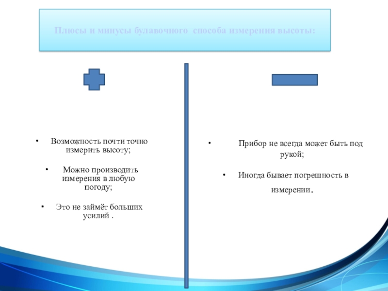 Презентация Применение подобия на практике Плюсы и минусы булавочного способа измерения высоты: Возможность почти точно измерить Плюсы и минусы булавочного способа измерения высоты: Возможность почти точно измерить высоту; Можно производить измерения в любую