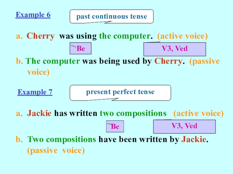 Passive Voice (8 класс) Example 6a. Cherry was using the computer. (active voice)b. The computer Example 6a. Cherry was using the computer. (active voice)b. The computer was being used by Cherry. (passive