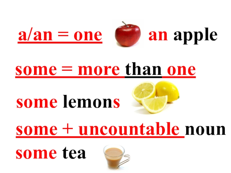 Презентация: What's for breakfast? Form 5 a/an = one an apple some = more than onesome lemonssome + uncountable nounsome tea a/an = one an apple some = more than onesome lemonssome + uncountable nounsome tea