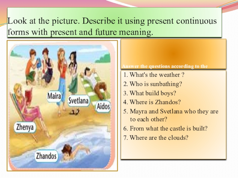 Презентация на тему Look at the picture. Describe it using present Look at the picture. Describe it using present continuous forms with present and future meaning.Answer the questions