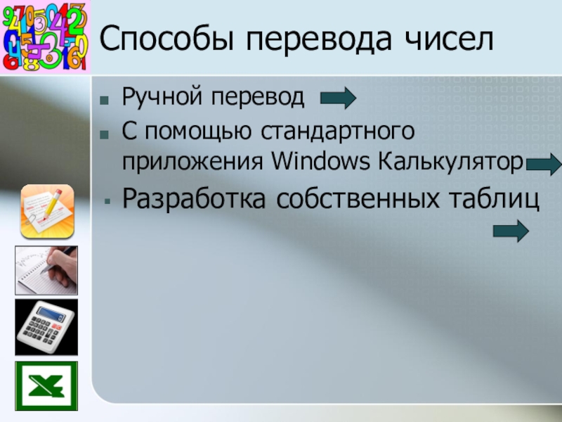 Создание мультисистемного калькулятора с помощью электронных таблиц для осуществления перевода чисел из одной системы счисления в другую Способы перевода чисел Ручной переводС помощью стандартного приложения Windows Калькулятор Разработка собственных таблиц Способы перевода чисел Ручной переводС помощью стандартного приложения Windows Калькулятор Разработка собственных таблиц