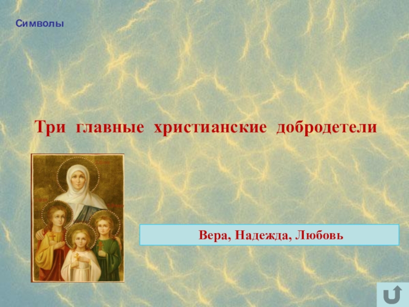 Интеллектуально-краеведческая игра У истоков Православия (в формате Своя игра) Символы Три главные христианские добродетели Вера, Надежда, Любовь Символы Три главные христианские добродетели Вера, Надежда, Любовь