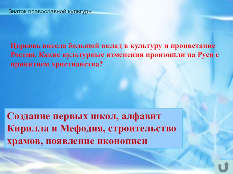 Интеллектуально-краеведческая игра У истоков Православия (в формате Своя игра) Знаток православной культуры Создание первых школ, алфавит Кирилла и Мефодия, Знаток православной культуры Создание первых школ, алфавит Кирилла и Мефодия, строительство храмов, появление иконописиЦерковь внесла большой