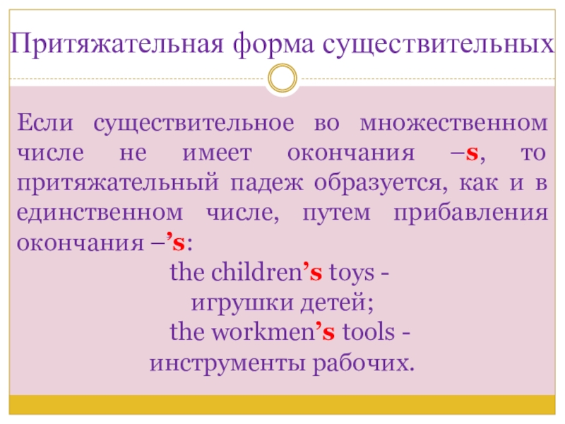 Презентация по английскому языку на тему Внешность_одежда Притяжательная форма существительныхЕсли существительное во множественном числе не имеет окончания –s, Притяжательная форма существительныхЕсли существительное во множественном числе не имеет окончания –s, то притяжательный падеж образуется, как и