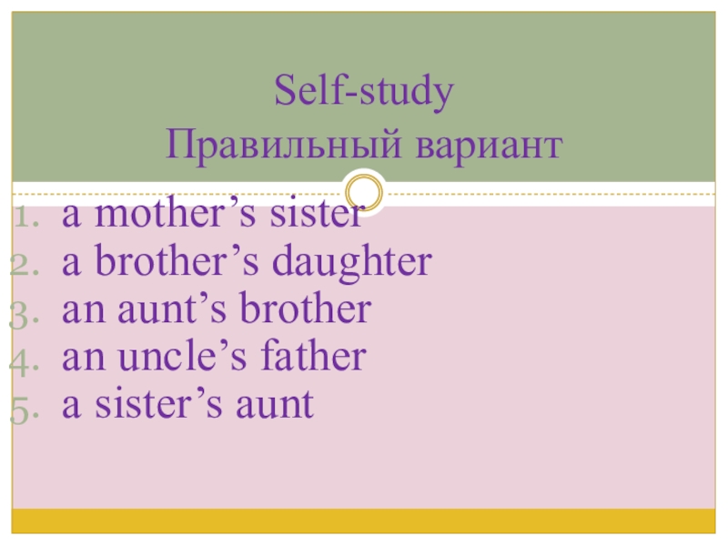 Презентация по английскому языку на тему Внешность_одежда a mother’s sister a brother’s daughteran aunt’s brotheran uncle’s fathera sister’s aunt Self-study Правильный вариант a mother’s sister a brother’s daughteran aunt’s brotheran uncle’s fathera sister’s aunt Self-study Правильный вариант