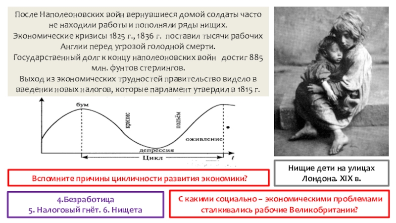 Презентация по истории на тему Великобритания: сложный путь к величию и процветанию Вспомните причины цикличности развития экономики?После Наполеоновских войн вернувшиеся домой солдаты Вспомните причины цикличности развития экономики?После Наполеоновских войн вернувшиеся домой солдаты часто не находили работы и пополняли