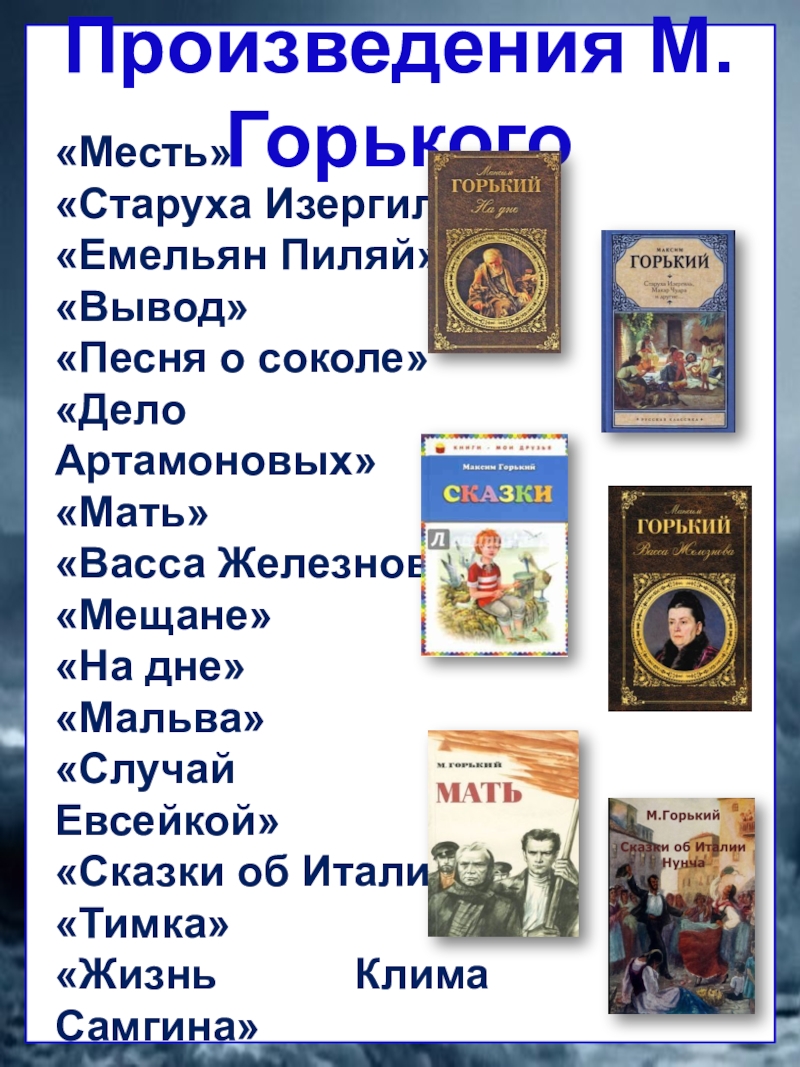 Презентация-2 Максим Горький (материалы для стенда) Произведения М. Горького«Месть» «Старуха Изергиль»«Емельян Пиляй»«Вывод»«Песня о соколе»«Дело Артамоновых»«Мать»«Васса Железнова»«Мещане»«На дне»«Мальва»«Случай Произведения М. Горького«Месть» «Старуха Изергиль»«Емельян Пиляй»«Вывод»«Песня о соколе»«Дело Артамоновых»«Мать»«Васса Железнова»«Мещане»«На дне»«Мальва»«Случай с Евсейкой»«Сказки об Италии»«Тимка»«Жизнь Клима Самгина»