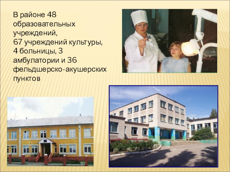 85 лет Липецкому району В районе 48 образовательных учреждений,67 учреждений культуры,4 больницы, 3 амбулатории и 36 фельдшерско-акушерских пунктов В районе 48 образовательных учреждений,67 учреждений культуры,4 больницы, 3 амбулатории и 36 фельдшерско-акушерских пунктов
