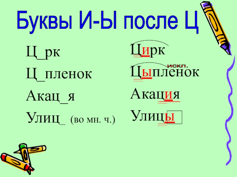 Презентация по русскому языку Правописание и-ы после ц (5 класс) Ц_ркЦ_пленокАкац_яУлиц_ (во мн. ч.)ЦиркЦыпленокАкацияУлицыискл. Буквы И-Ы после Ц Ц_ркЦ_пленокАкац_яУлиц_ (во мн. ч.)ЦиркЦыпленокАкацияУлицыискл. Буквы И-Ы после Ц