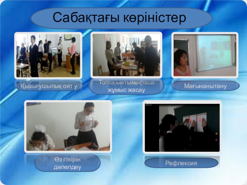 Schools in Kazakhstan Сабақтағы көріністерСабақтағы көріністерМағынанытануҚызығушылық оят уӨз пікірін дәлелдеуТопта ынтымақтаса жұмыс жасауРефлексия Сабақтағы көріністерСабақтағы көріністерМағынанытануҚызығушылық оят уӨз пікірін дәлелдеуТопта ынтымақтаса жұмыс жасауРефлексия