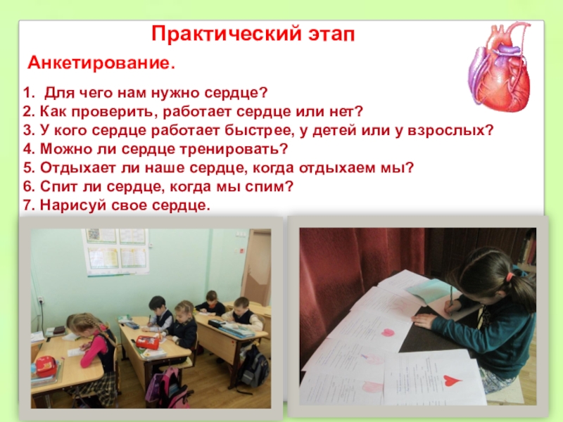 Исследовательская работаКогда сердце отдыхает? Практический этапАнкетирование. 1. Для чего нам нужно сердце? 2. Как проверить, Практический этапАнкетирование. 1. Для чего нам нужно сердце? 2. Как проверить, работает сердце или нет?3. У кого